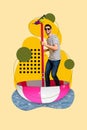 Creative collage of young chilling cool guy swimming ship look like sun protection umbrella adventures boat isolated on