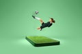 Creative collage. Young female soccer player playing football on 3d phone screen over green background. Sport
