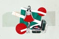 Creative collage young happy girl ride rollers skaters gramophone vintage music player audio listener playlist cutout