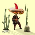 Creative collage. Young Mexican man in hat of tacos playing ukulele and drinking tequila in thickets of cacti in desert