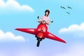 Creative collage of young person drive flying scooter isolated on drawing cloud sky background Royalty Free Stock Photo