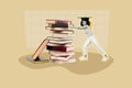 Creative collage of young student female pushing big book stack working hard to get master degree spend library every Royalty Free Stock Photo