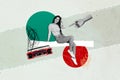 Creative collage young woman sit have rest rejoice carefree cheerful smile boombox music listener audio player drawing