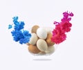 Creative color overflow concept of painting Easter eggs. An explosion of neon colors pink and blue on white background