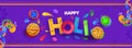 Creative color text holi with top view illustration of Indian sweets and color bowls.