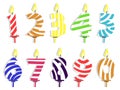 Creative colorful anniversary number candles flat items set. Cartoon candles for birthday cake isolated vector Royalty Free Stock Photo