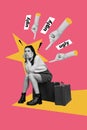 Creative colorful banner collage of unhappy lady sit luggage feel lonely being social outcast bully society concept