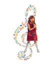 Creative colorful design. Contemporary art collage. Cute little girl, child dreaming to become a singer.