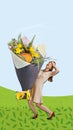 Creative colorful design. Modern art collage. Young stylish woman carrying giant beautiful flower bouquet. Receiving