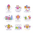 Creative colorful kids logo set in line style. Ice cream, alien, gifts, air balloon, castle, rocket, cubes, bunny, paint