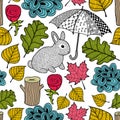 Creative colorful seamless pattern with cute rabbit and doodle umbrella.