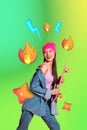 Creative colorful template mockup collage of lady with skate board having many fire lightning reaction expressing Royalty Free Stock Photo