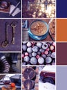 Creative colorful winter mood mood board with frozen berries, warm socks and hot drink with winter sun. Inspirational