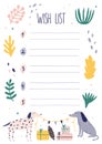 Creative colorful wish list template with dogs holding festive garland, gifts and plants. Cute Christmas and New Year