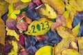 Creative colorful year 2023 November autumn fall concept with leaves.