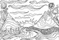 Creative coloring page fantasy with a mountain landscape,clouds,sun and the road leading into the sunset. Cartoon doodle style Royalty Free Stock Photo