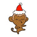 A creative comic book style illustration of a suspicious monkey wearing santa hat