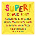 Creative comic font. Alphabet in style of comics, pop art. Multilayer funny red & chocolate 3d letters and figures on a yellow ci