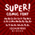 Creative comic font. Alphabet in style of comics, pop art. Multilayer funny red & chocolate 3d letters and figures on a yellow ci