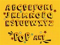 Creative comic font. Alphabet in style of comics, pop art. Multilayer funny yellow 3d letters and figures, for kids illustration,