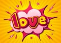 Creative comic poster. Lettering Love for Valentine`s day in the style of comics book and pop art. Colorful banner with Royalty Free Stock Photo