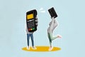 Creative composite abstract photo collage of bodyless people hands holding credit card payment terminal isolated on blue