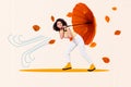 Creative composite abstract photo collage of wind blow on upset unhappy dissatisfied woman hold parasol isolated on