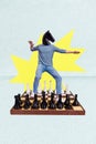 Creative composite artwork minimal collage photo of headless young man black horse figure play game checkerboard chess Royalty Free Stock Photo