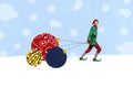 Creative composite collage artwork photo of friendly man in elf costume pull christmas balls decoration isolated on