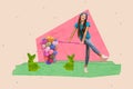 Creative composite collage artwork of young teenager girl have fun catching butterfly net spring time easter eggs Royalty Free Stock Photo