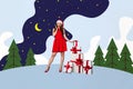 Creative composite collage photo of adorable gorgeous impressed woman wear santa hat get chrsitmas gifts isolated on Royalty Free Stock Photo