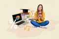 Creative composite collage photo concept of smart diligent girl sit near laptop hold smartphone doing homework isolated