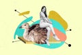 Creative composite designed collage of young smiling woman sitting domesticated goose new meat farm isolated on drawn