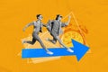 Creative composite illustration photo collage of active fast girls running shopping on season sale isolated on orange