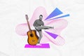 Creative composite illustration photo collage of funny overjoyed guy play on leg instead of guitar on party isolated on