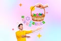 Creative composite image photo collage of positive excited man with rabbit ears headband catch easter basket isolated