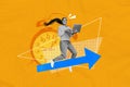 Creative composite photo abstract collage of happy positive girl holding laptop working on task project isolated on