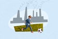 Creative composite photo collage of adorable child play football while industrial plant polluting air on