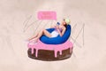 Creative composite photo collage of carefree funny gil sit on donut write happy birhtay on smartphone isolated on