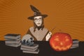 Creative composite photo collage of clever witch in glasses hold wizard wound read spell book on halloween isolated on