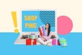 Creative composite photo collage of curious happy girl sit on laptop packaging online orders with new outfit isolated