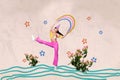 Creative composite photo collage of funny optimistic woman in birthday cone dancing celebrate holiday isolated on
