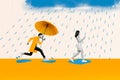 Creative composite photo collage of man hold umbrella running to careless woman looking at smartphone isolated on
