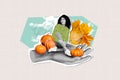 Creative composite photo collage of satisfied happy woman sit on palm with pumpkin prepare for halloween isolated on