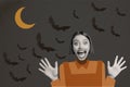 Creative composite photo collage of scary frightened girl staring open mouth scream at halloween night isolated on