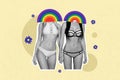 Creative composite photo collage of two girls with rainbow instead of head dating hold hands together on