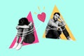 Creative composite photo collage of upset couple sit in triangle think about problems in relationship isolated on teal