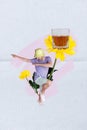 Creative composite photo collage of young funny guy dancing have fun chill drinking jack daniels whiskey glass vacation