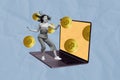 Creative composite photo image full length body size collage cheerful happy girl jump macbook earn bitcoin btc isolated Royalty Free Stock Photo