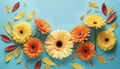 Creative composition of beautiful yellow and orange gerbera flowers with petals on blue background Royalty Free Stock Photo